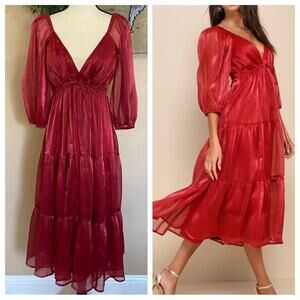 NWOT Lulus Romantic Appearance Wine Red Organza Tiered Midi Dress